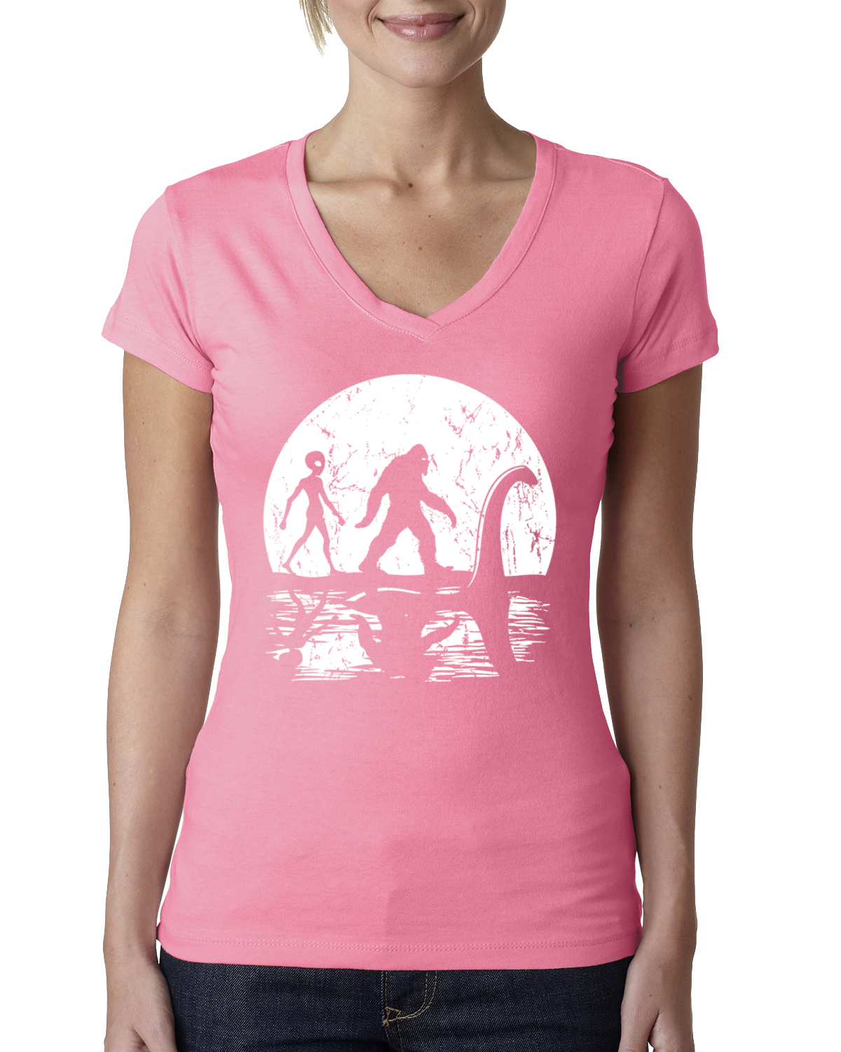Moon Silhoutte Bigfoot Shadow Big 3 Myths Women Junior Fit V-Neck Tee - Picture 10 of 13
