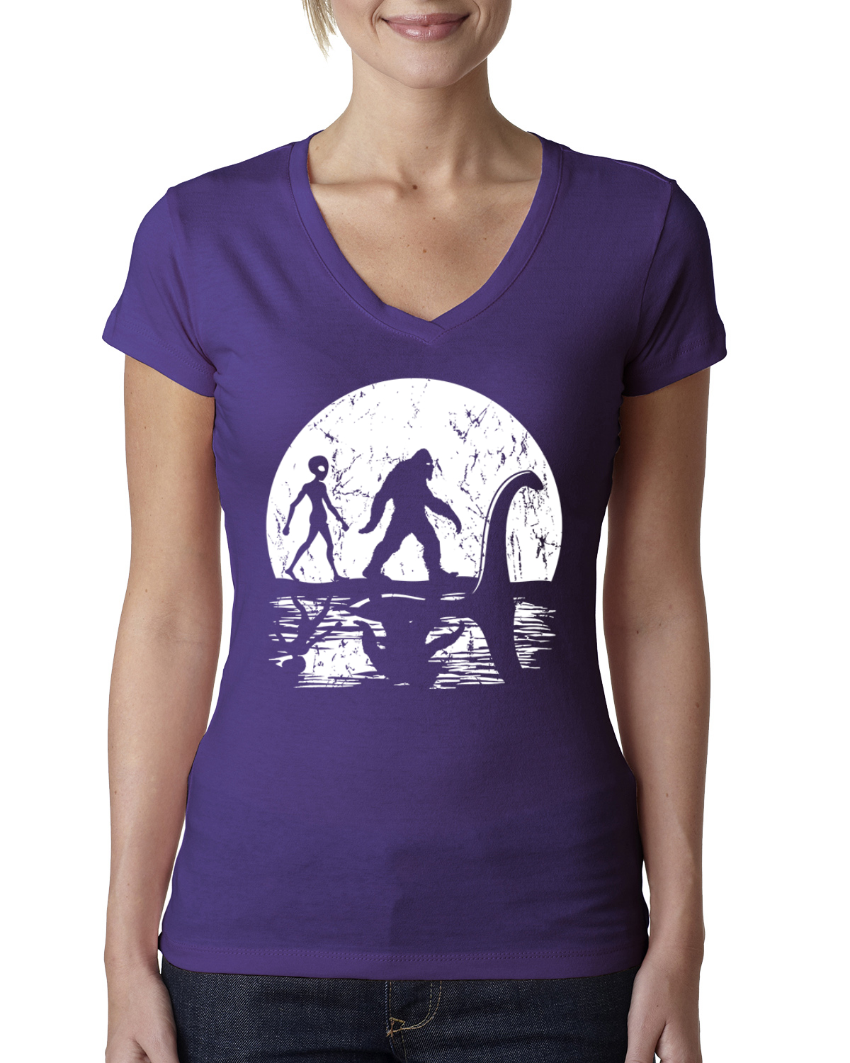 Moon Silhoutte Bigfoot Shadow Big 3 Myths Women Junior Fit V-Neck Tee - Picture 11 of 13