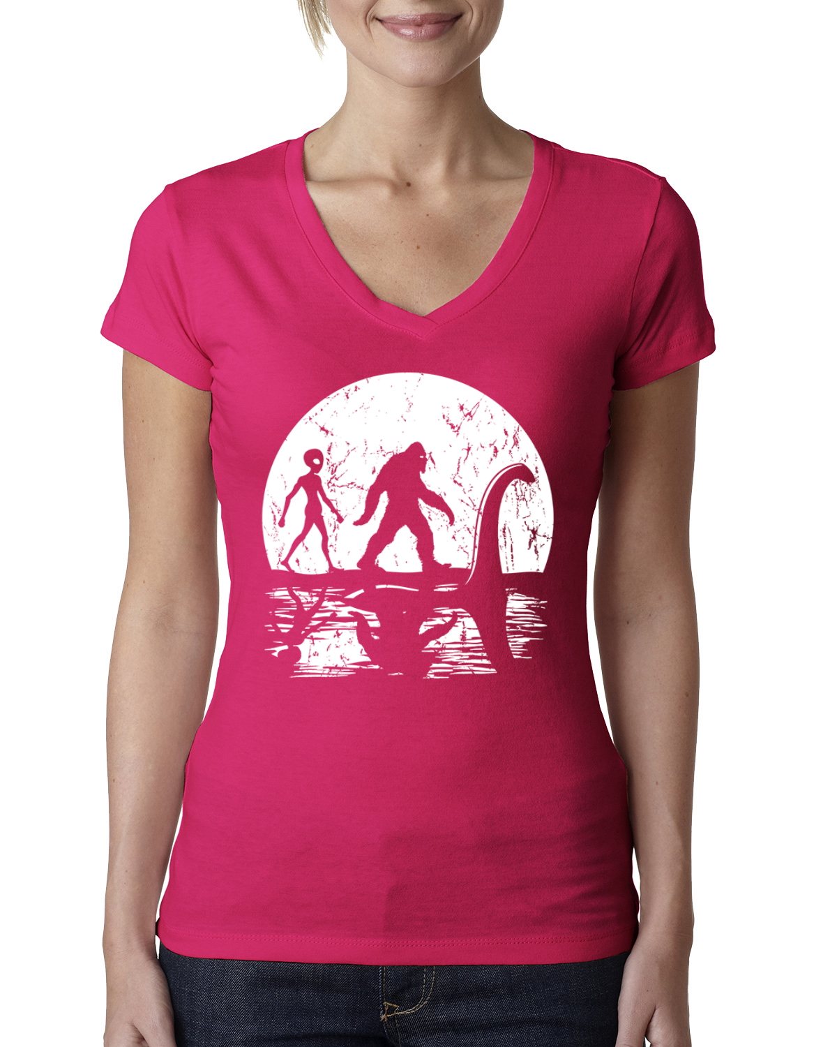 Moon Silhoutte Bigfoot Shadow Big 3 Myths Women Junior Fit V-Neck Tee - Picture 12 of 13