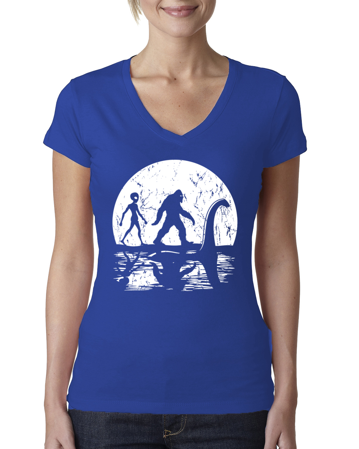 Moon Silhoutte Bigfoot Shadow Big 3 Myths Women Junior Fit V-Neck Tee - Picture 7 of 13