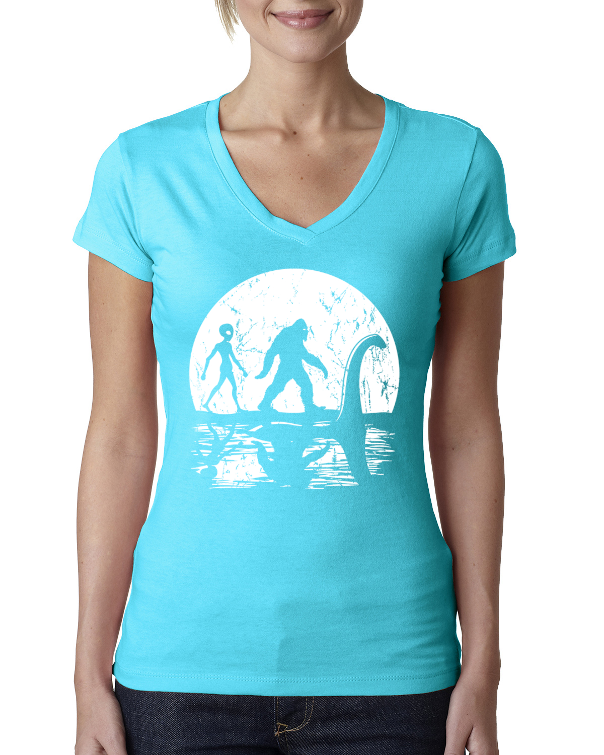 Moon Silhoutte Bigfoot Shadow Big 3 Myths Women Junior Fit V-Neck Tee - Picture 13 of 13