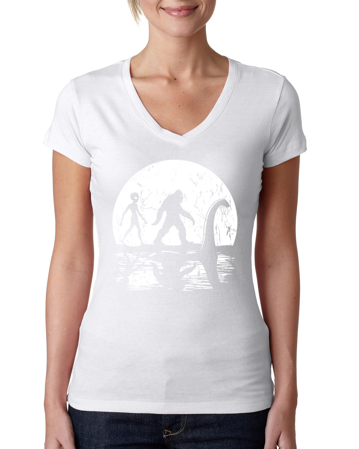 Moon Silhoutte Bigfoot Shadow Big 3 Myths Women Junior Fit V-Neck Tee - Picture 8 of 13