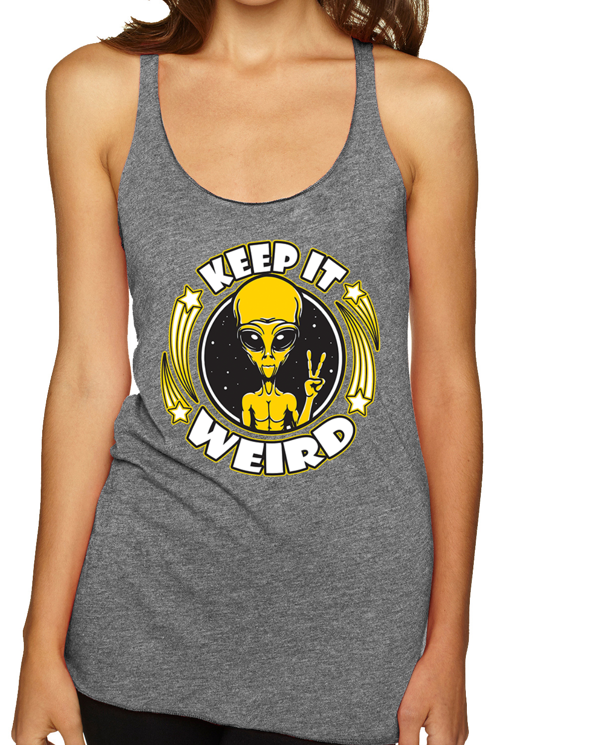 Camiseta sin mangas Keep It Weird Alien Tri-Blend Racerback - Imagen 8 de 16