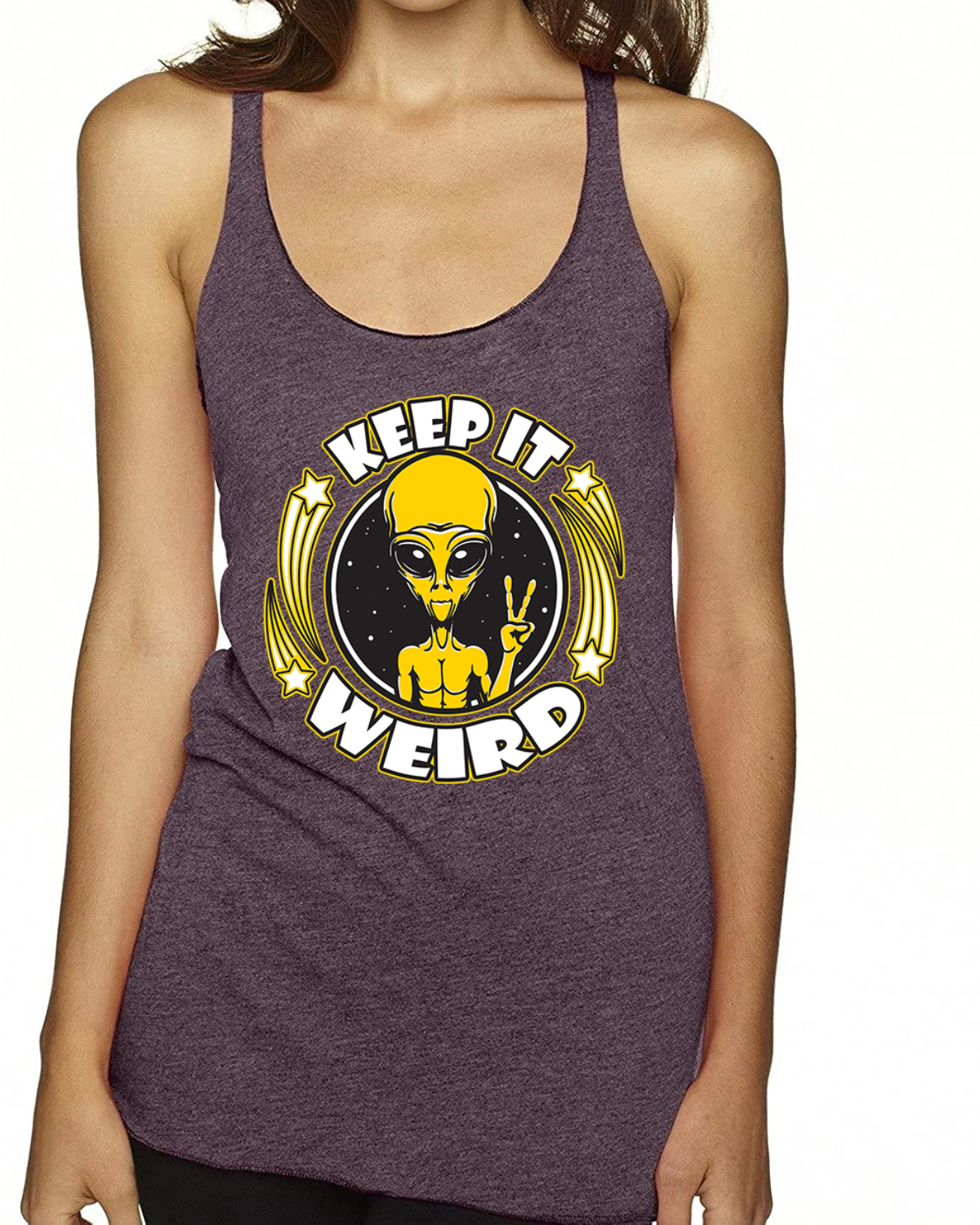 Camiseta sin mangas Keep It Weird Alien Tri-Blend Racerback - Imagen 16 de 16