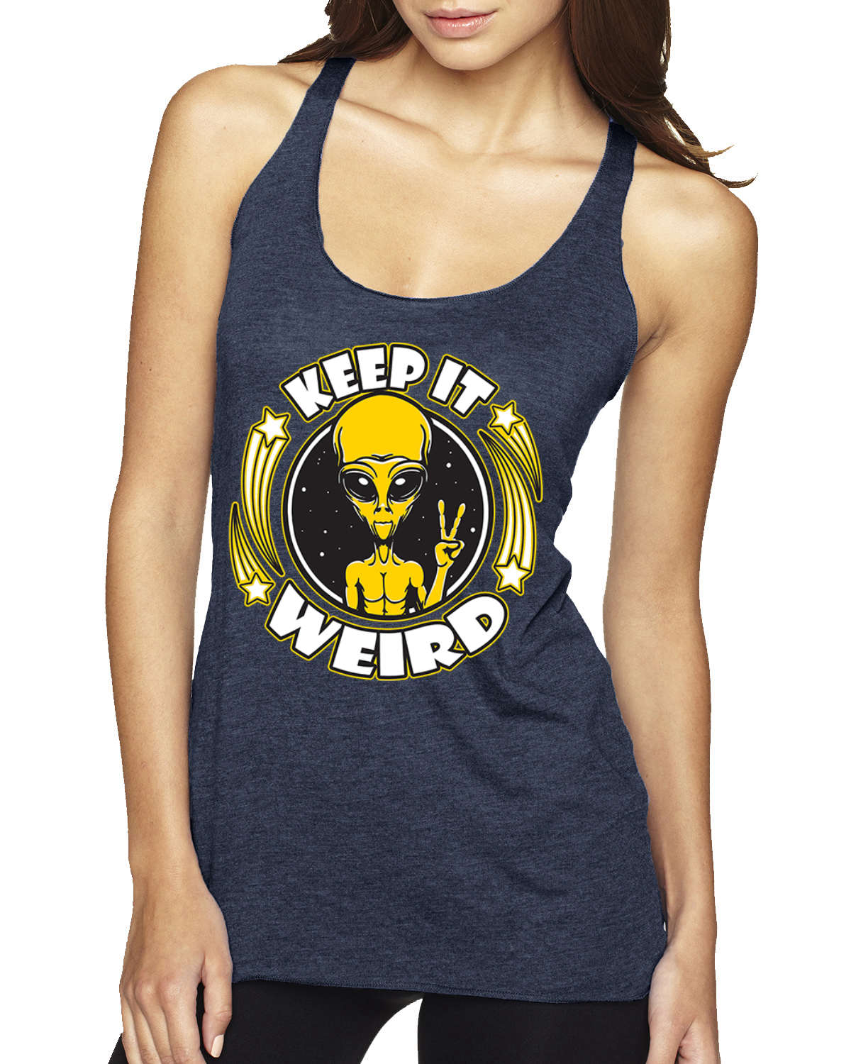 Camiseta sin mangas Keep It Weird Alien Tri-Blend Racerback - Imagen 10 de 16