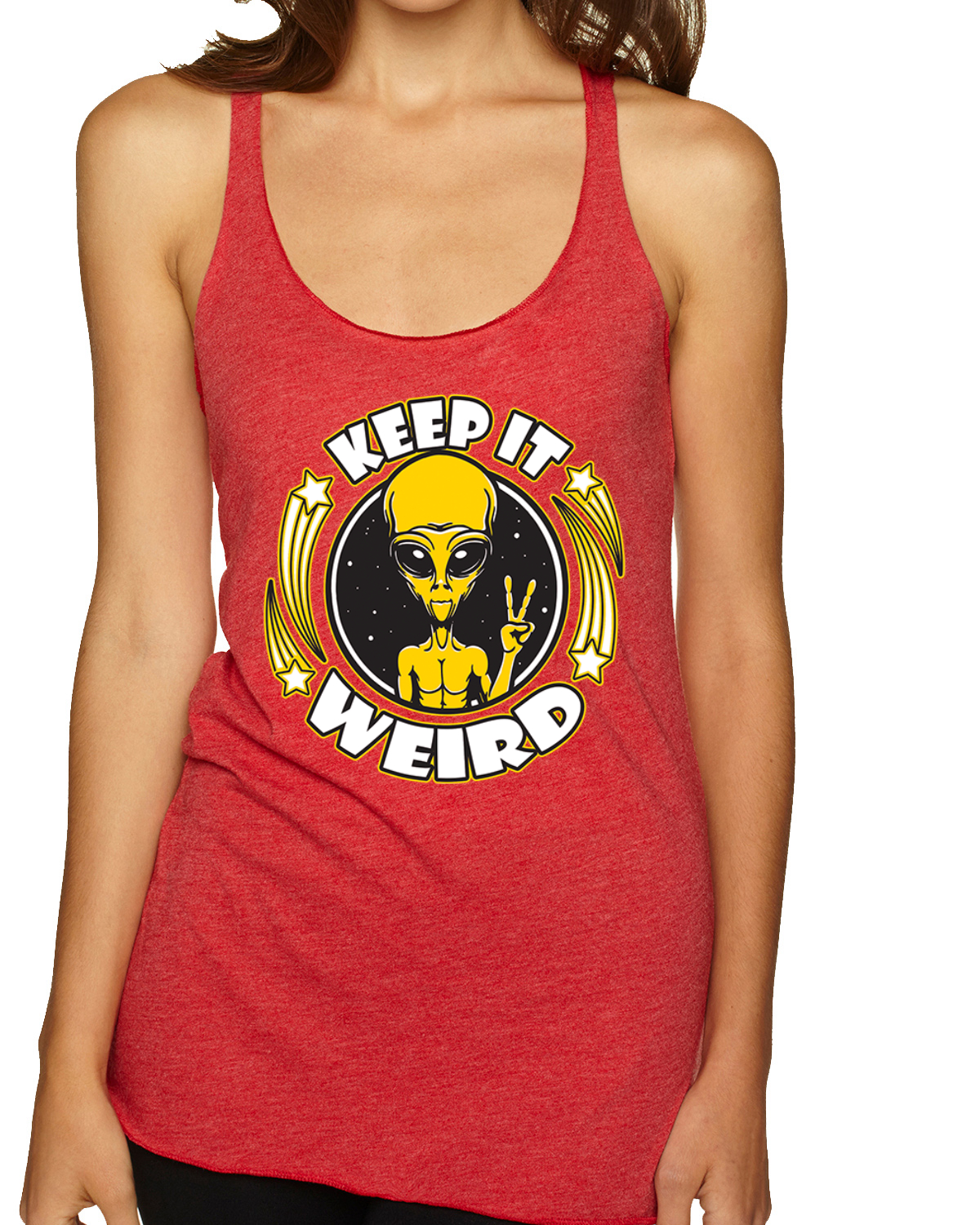 Camiseta sin mangas Keep It Weird Alien Tri-Blend Racerback - Imagen 11 de 16