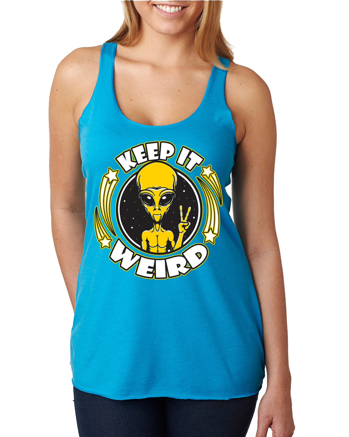 Camiseta sin mangas Keep It Weird Alien Tri-Blend Racerback - Imagen 13 de 16