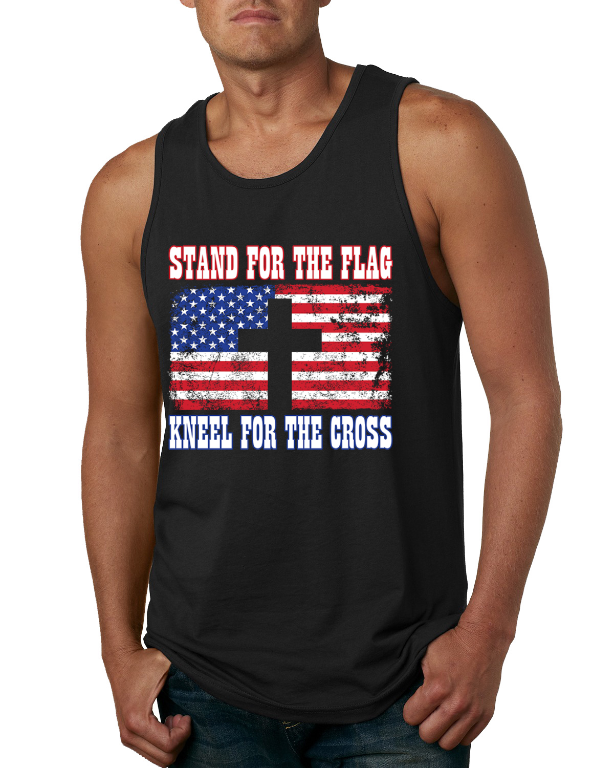 American Flag Stand For The Flag Kneel For The Cross Men Tank Top - Picture 3 of 9