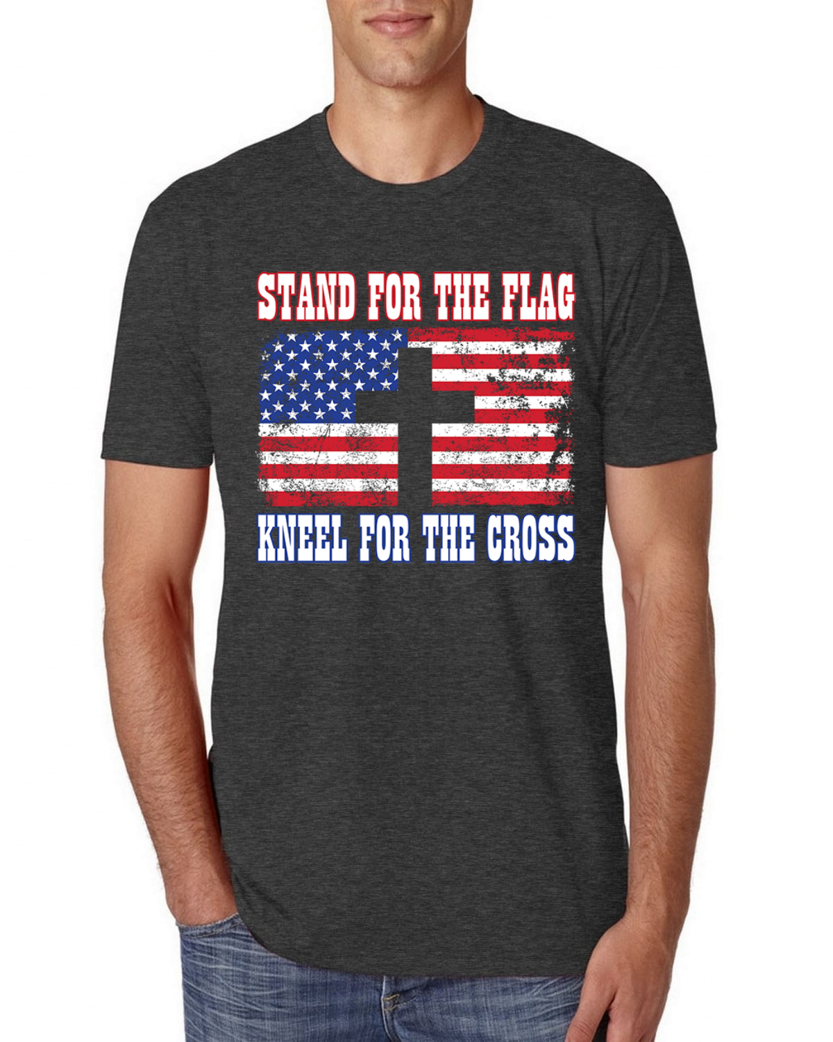 American Flag Stand For The Flag Kneel For The Cross Men Premium TriBlend TShirt - Picture 7 of 17