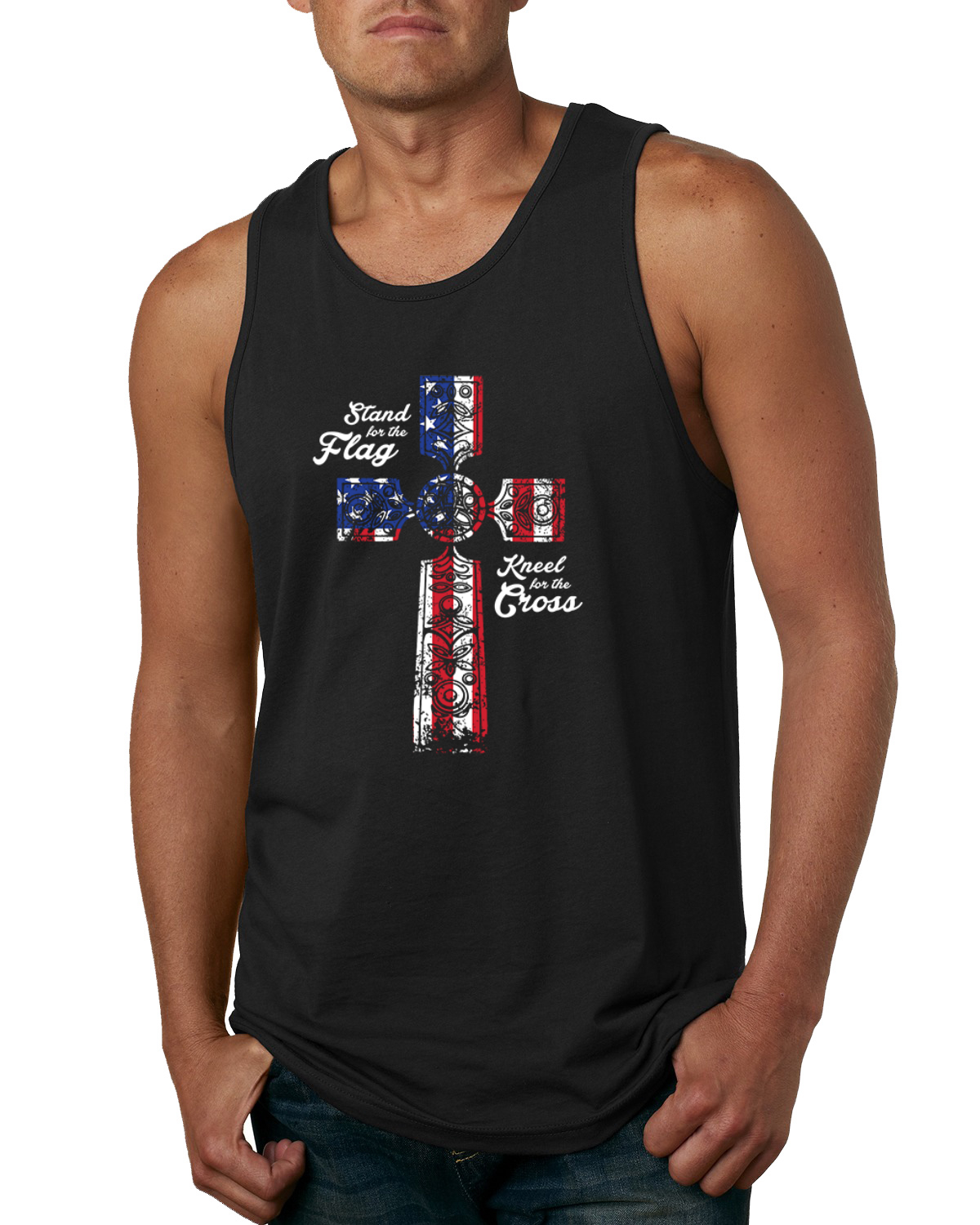 Stand For The Flag Kneel for The Cross USA Flag Men Tank Top - Picture 3 of 9