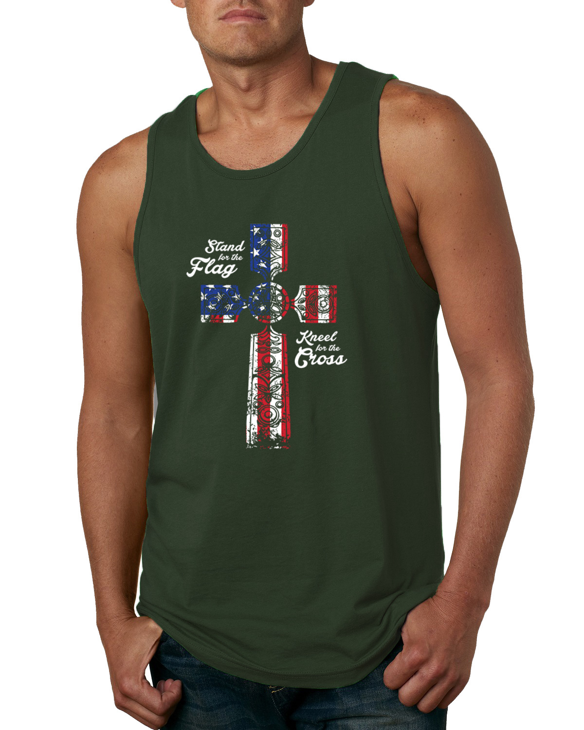 Stand For The Flag Kneel for The Cross USA Flag Men Tank Top - Picture 4 of 9