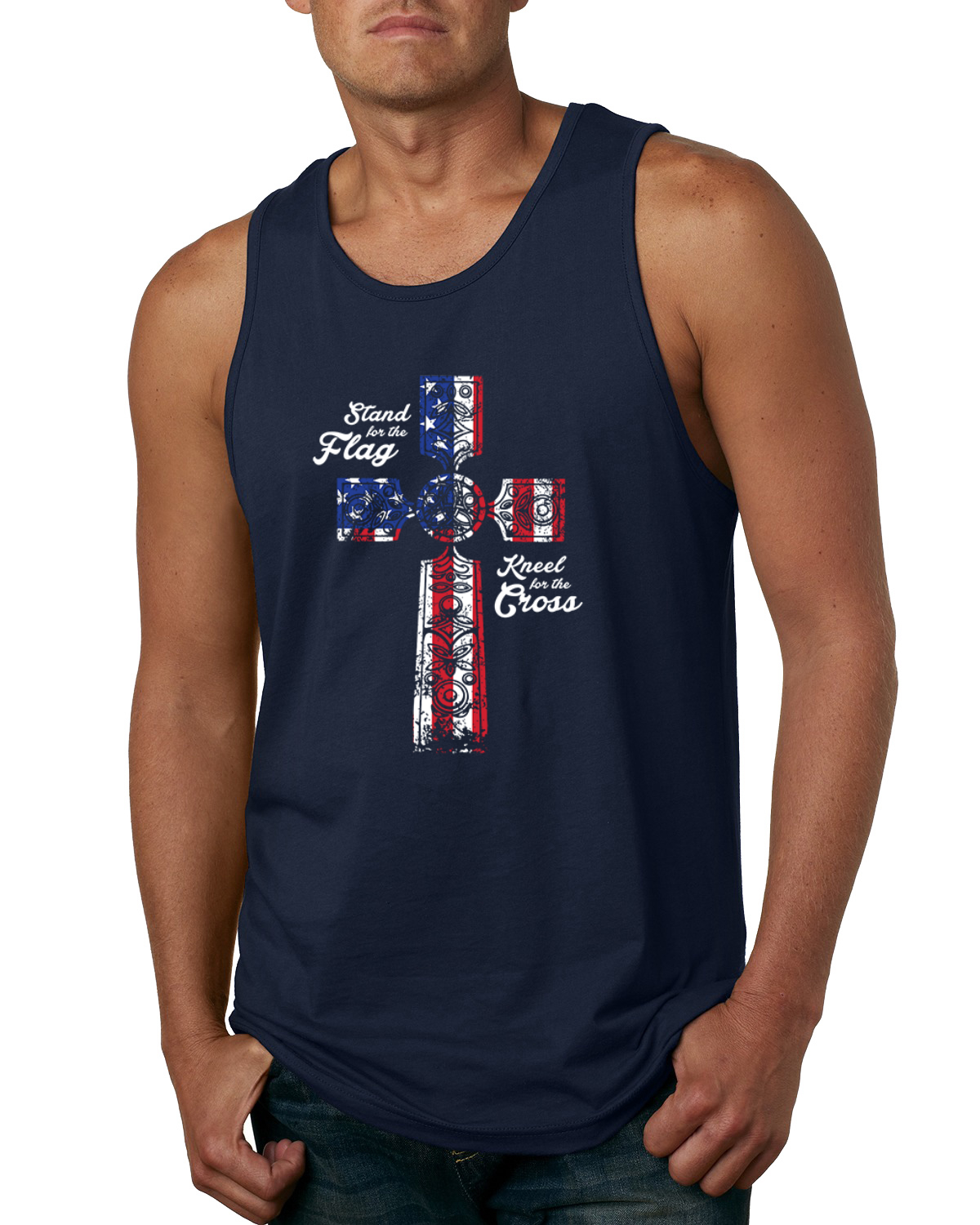 Stand For The Flag Kneel for The Cross USA Flag Men Tank Top - Picture 6 of 9
