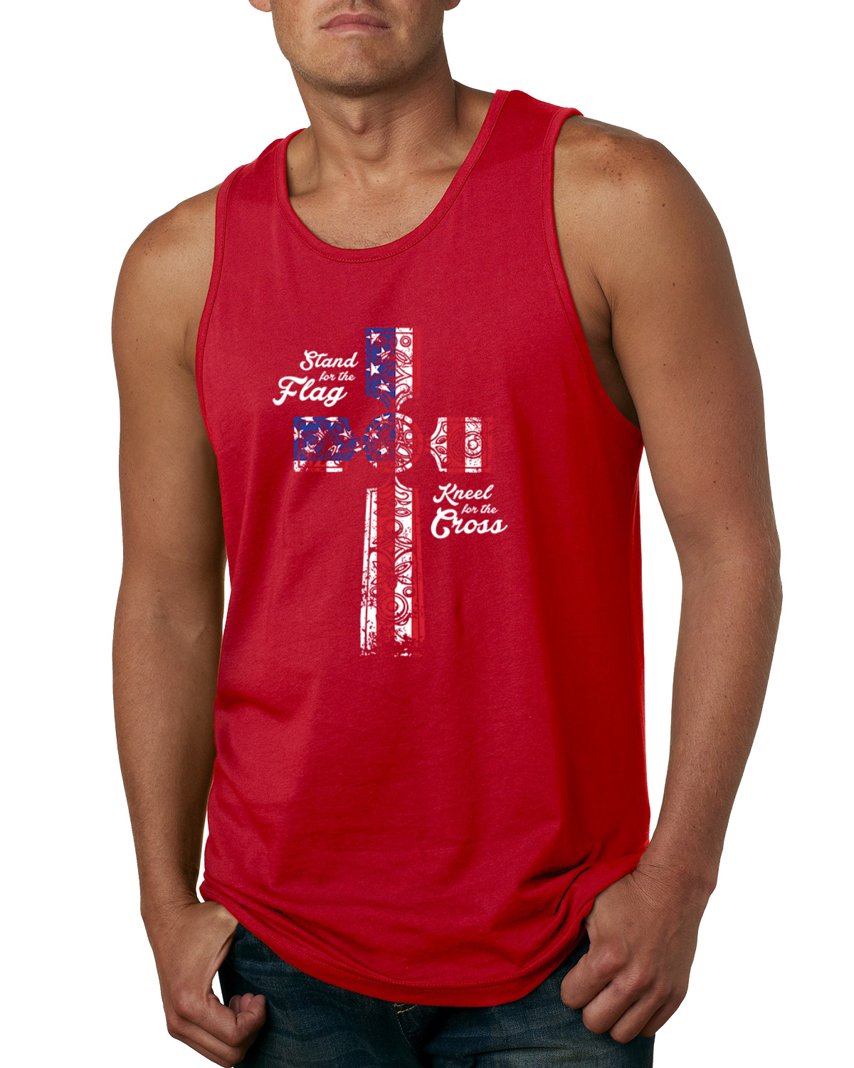 Stand For The Flag Kneel for The Cross USA Flag Men Tank Top - Picture 7 of 9