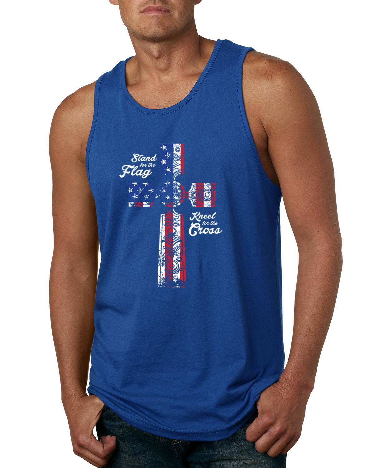 Stand For The Flag Kneel for The Cross USA Flag Men Tank Top - Picture 8 of 9