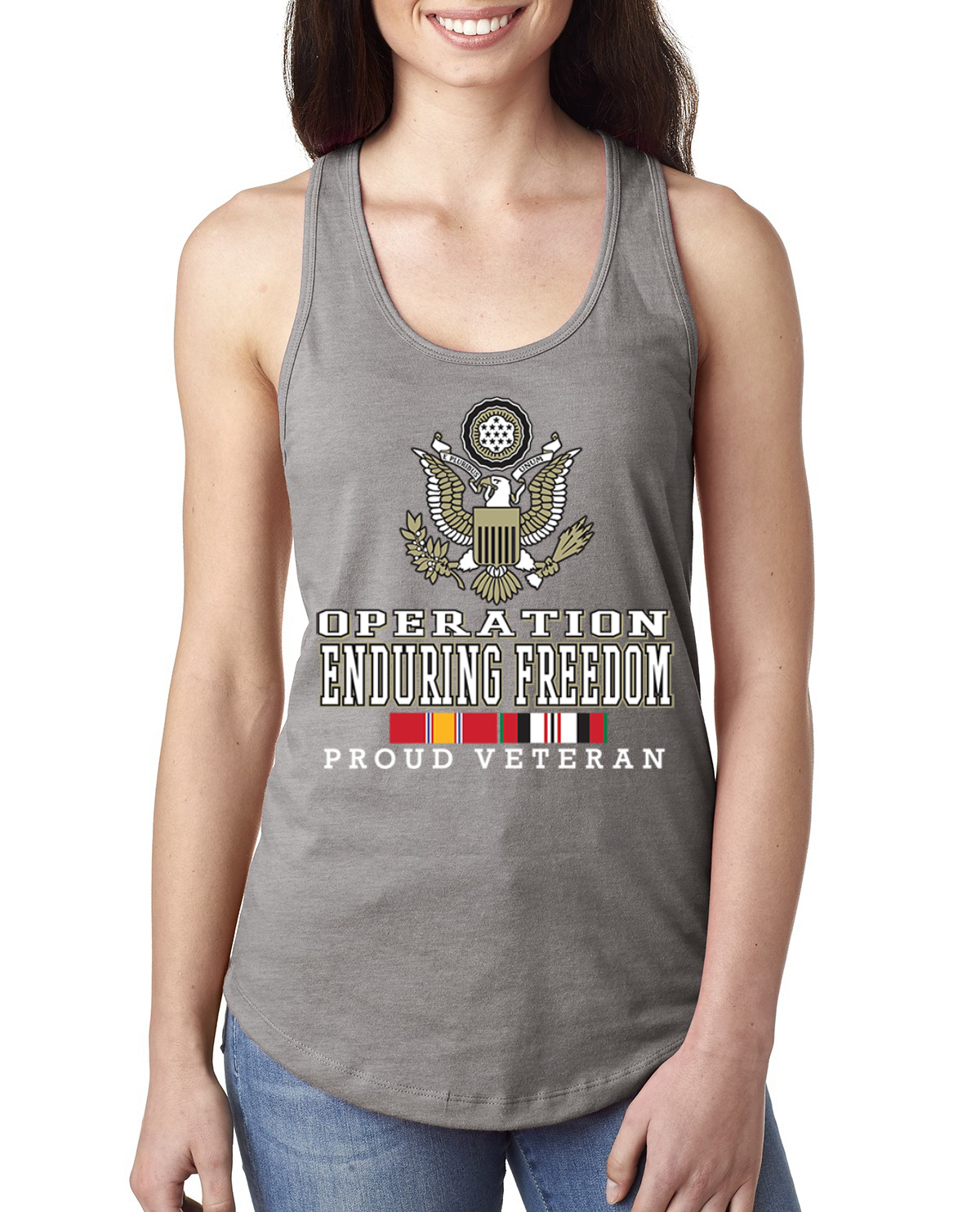 Operation Iraqi Enduring Freedom Color Heather Grey Ladies Racerback Tank Top - Picture 3 of 6