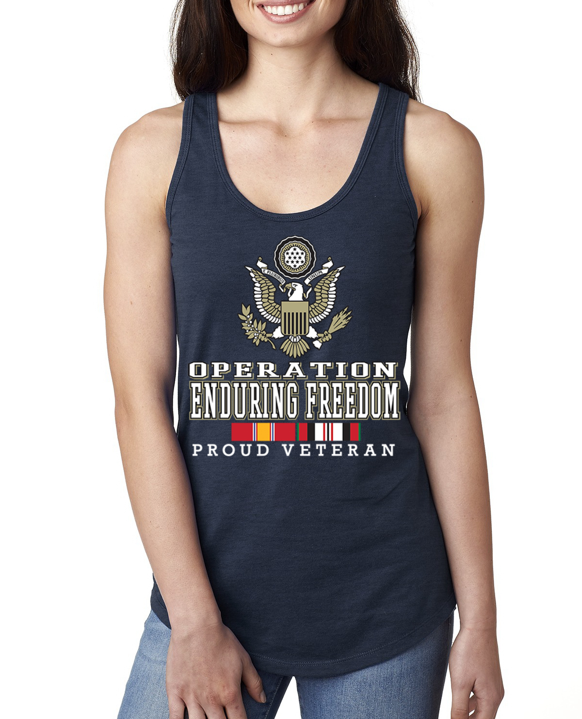 Operation Iraqi Enduring Freedom Color Navy Ladies Racerback Tank Top - Picture 3 of 6