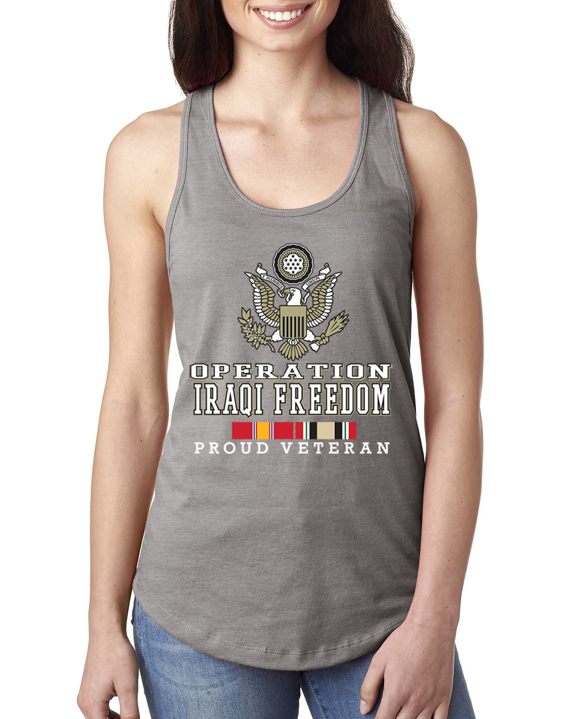 Operation Iraqi Enduring Freedom Color Heather Grey Ladies Racerback Tank Top - Picture 4 of 6