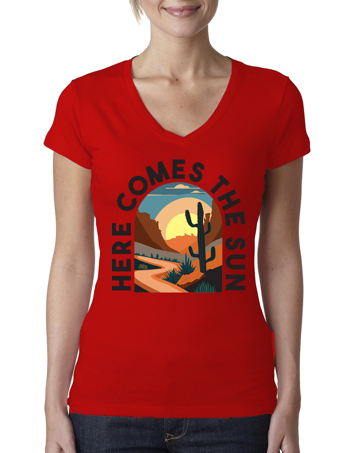 Camiseta cuello en V Here Comes The Sun Desert Road Nature para mujer - Imagen 4 de 5