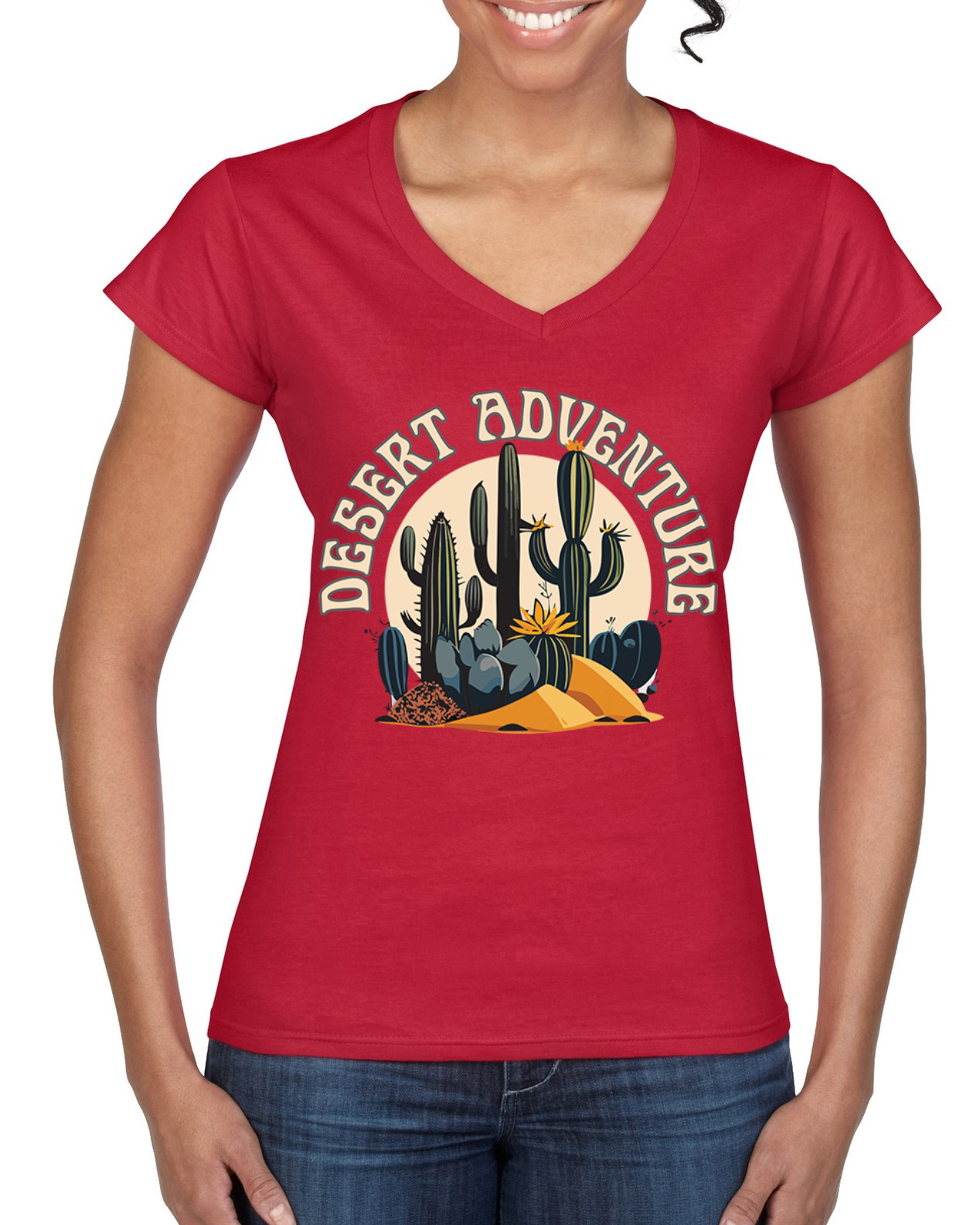 Camiseta estándar cuello en V para mujer Desert Adventure Cactus Nature - Imagen 4 de 4