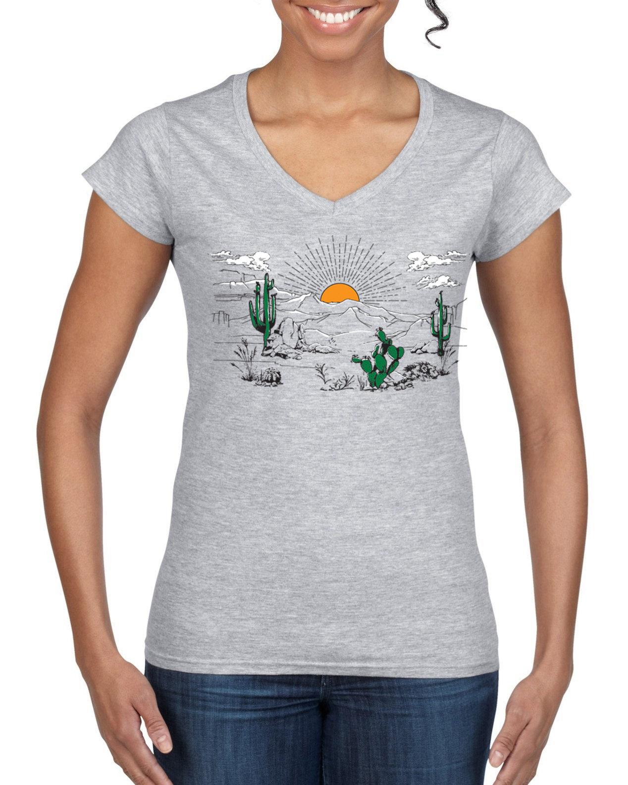 Cactus Desert Sunset Nature Damen Standard V-Ausschnitt T-Shirt - Bild 3 von 4