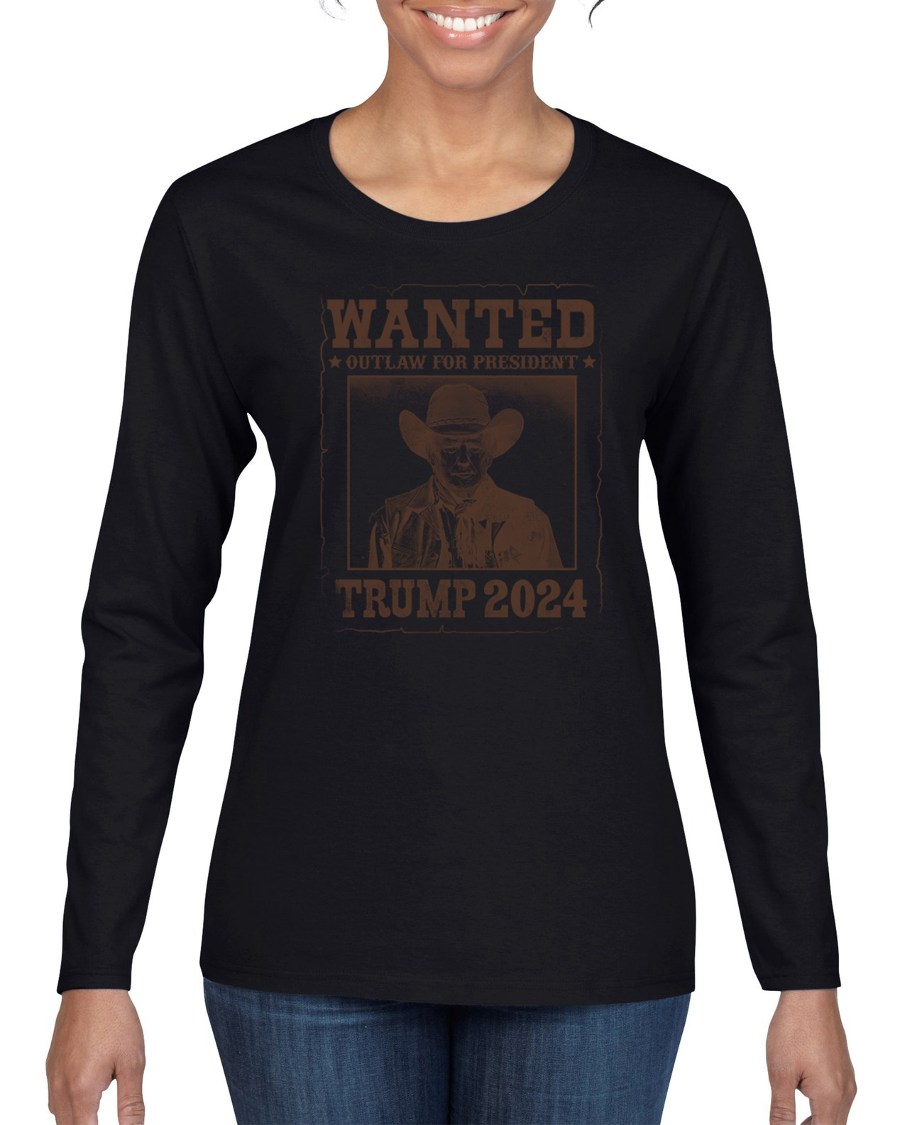 Wanted Outlaw for President Trump 2024 Mugshot Womens Long Sleeve T-Shirt - Picture 3 of 9