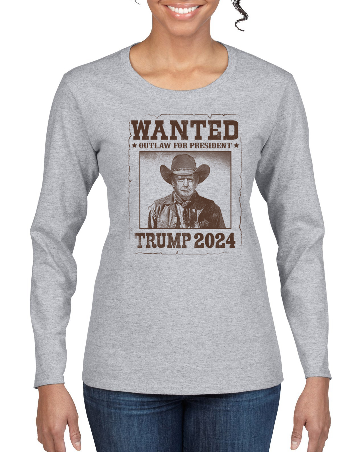 Wanted Outlaw for President Trump 2024 Mugshot Womens Long Sleeve T-Shirt - Picture 4 of 9
