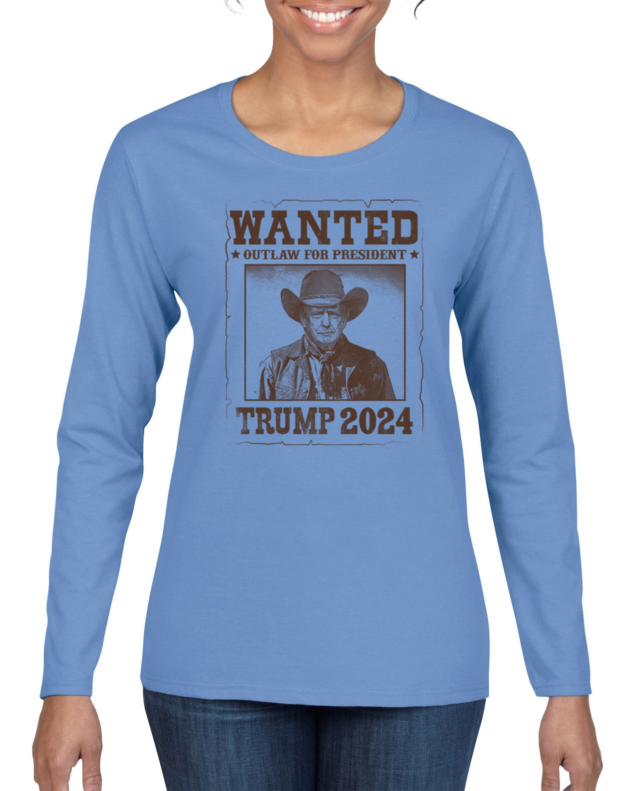 Wanted Outlaw for President Trump 2024 Mugshot Womens Long Sleeve T-Shirt - Picture 9 of 9