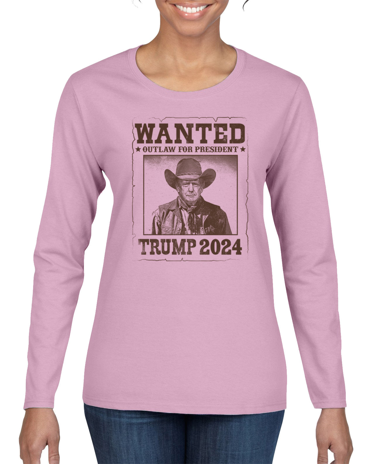 Wanted Outlaw for President Trump 2024 Mugshot Womens Long Sleeve T-Shirt - Picture 5 of 9