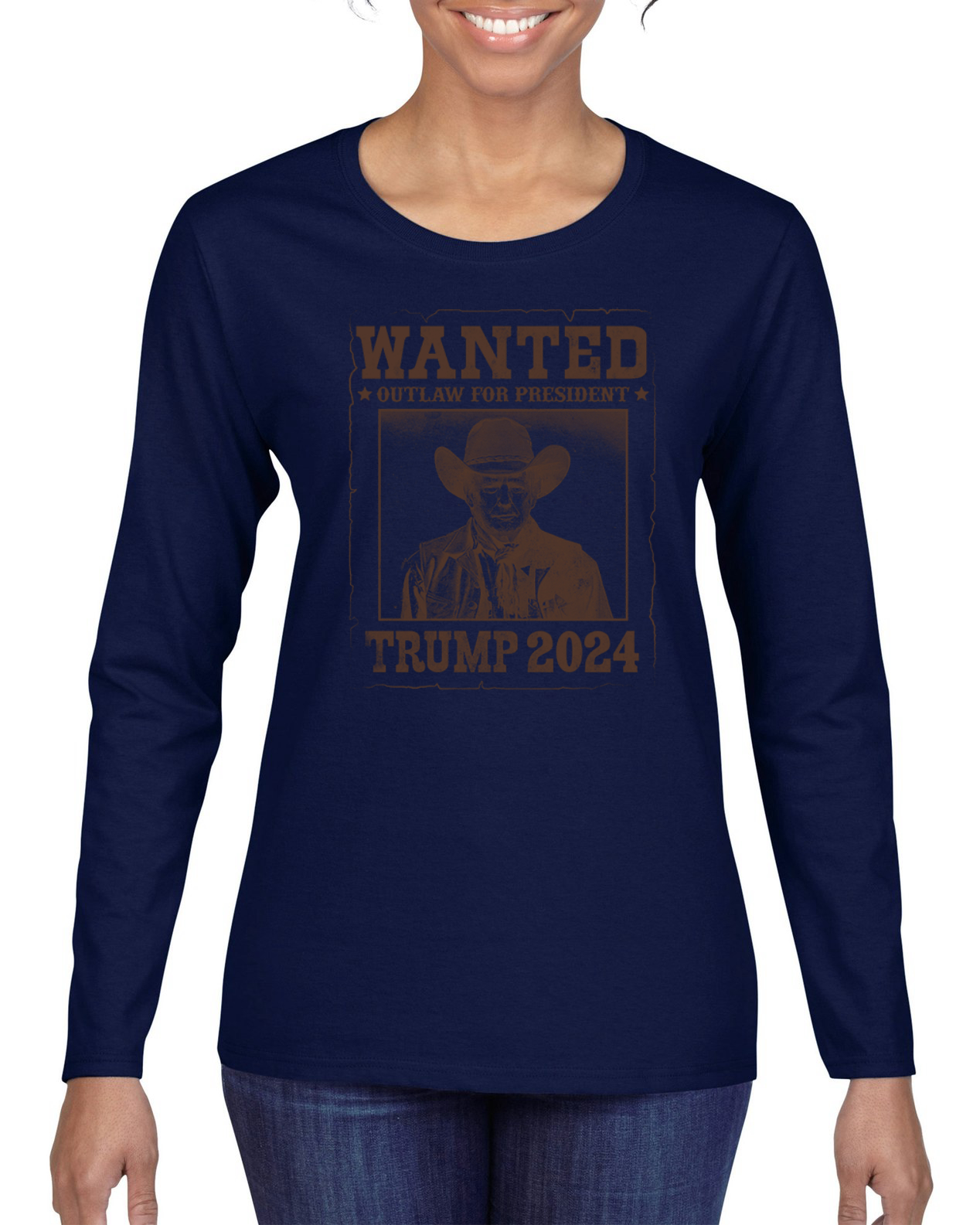 Wanted Outlaw for President Trump 2024 Mugshot Womens Long Sleeve T-Shirt - Picture 6 of 9