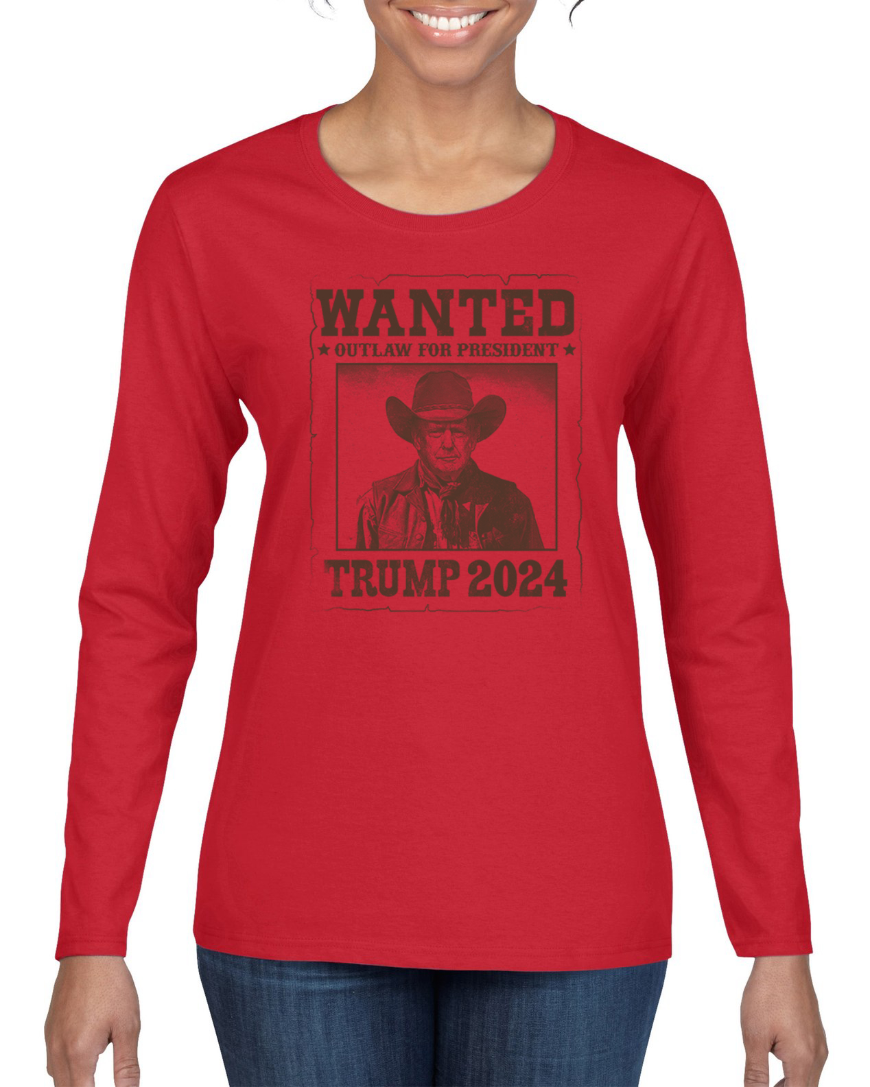 Wanted Outlaw for President Trump 2024 Mugshot Womens Long Sleeve T-Shirt - Picture 7 of 9