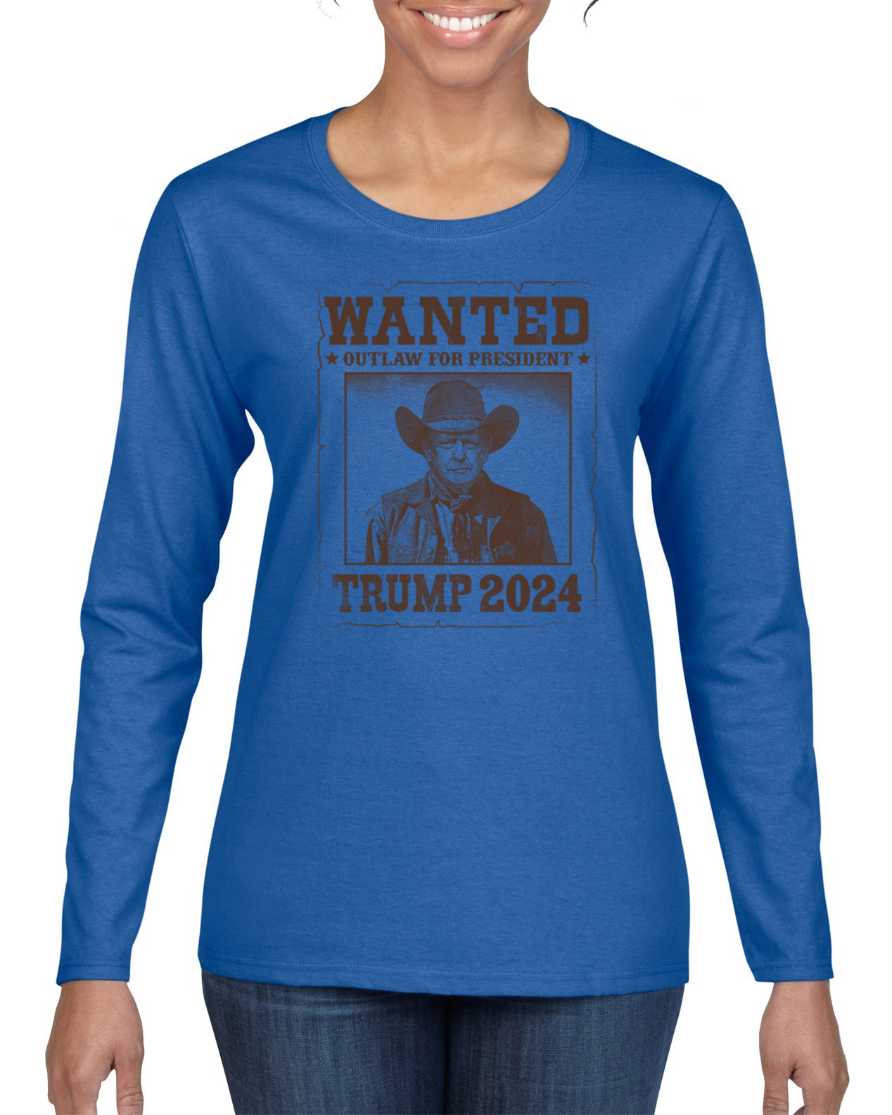 Wanted Outlaw for President Trump 2024 Mugshot Womens Long Sleeve T-Shirt - Picture 8 of 9
