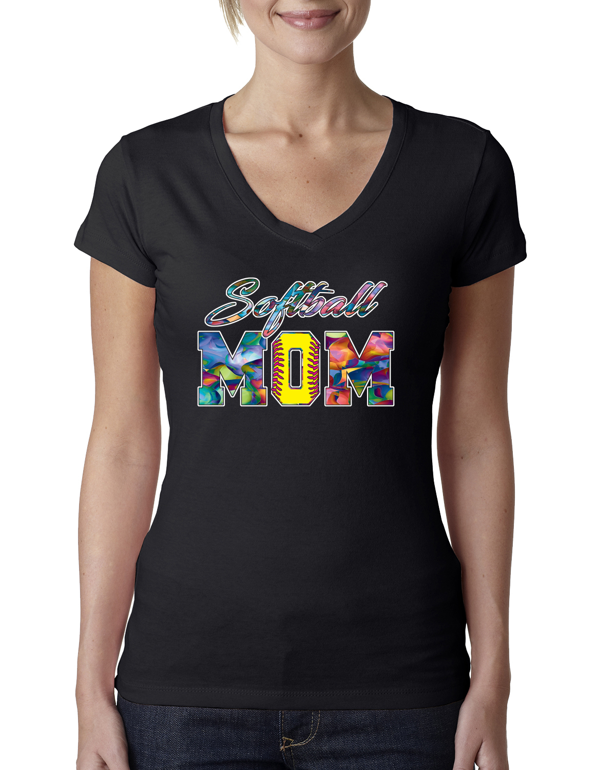 Colorful Softball Mom Mothers Day Women Junior V-Neck Tee - Picture 3 of 7