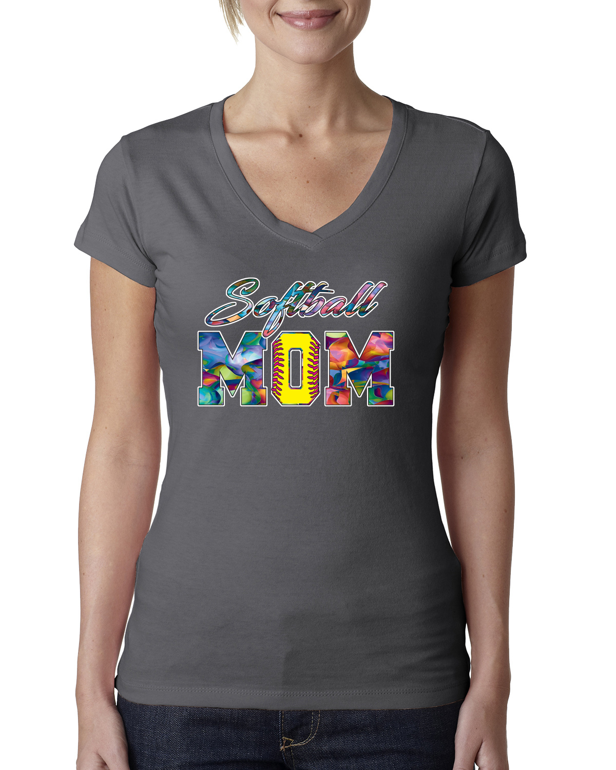 Colorful Softball Mom Mothers Day Women Junior V-Neck Tee - Picture 6 of 7