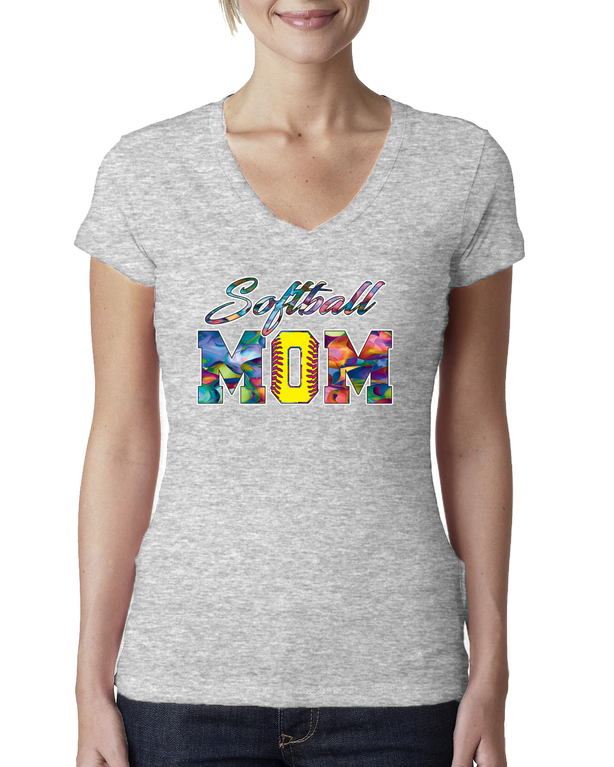 Colorful Softball Mom Mothers Day Women Junior V-Neck Tee - Picture 4 of 7