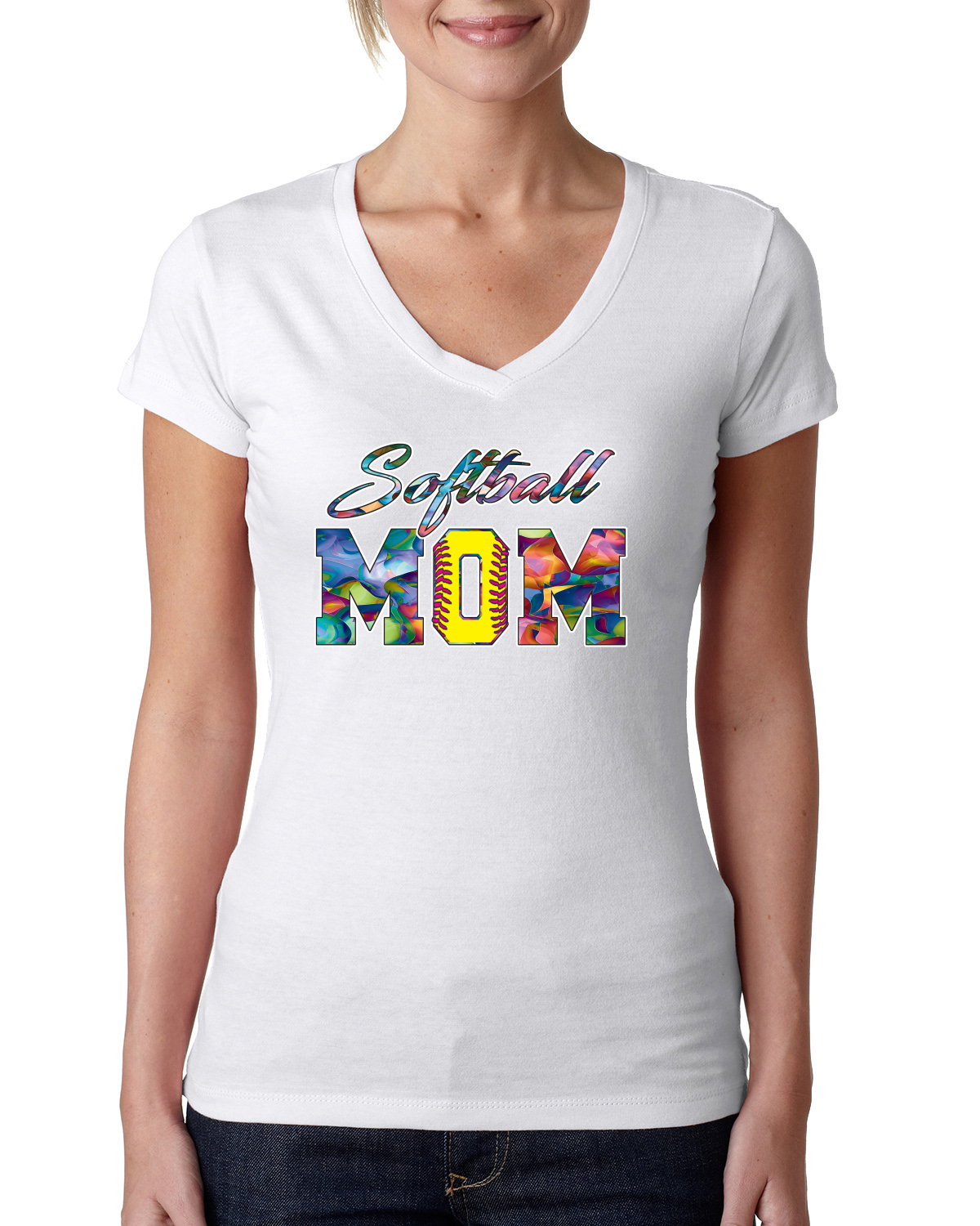 Colorful Softball Mom Mothers Day Women Junior V-Neck Tee - Picture 5 of 7