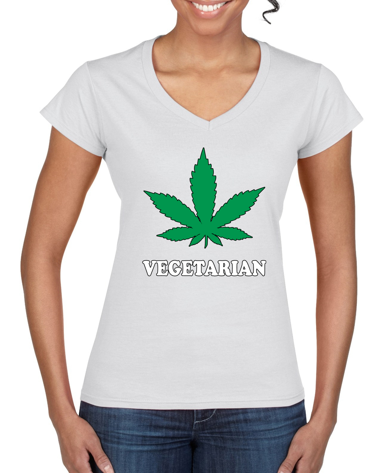 Maglietta standard collo a V vegetariano fumatore erba marijuana 420 donne - Foto 7 di 7