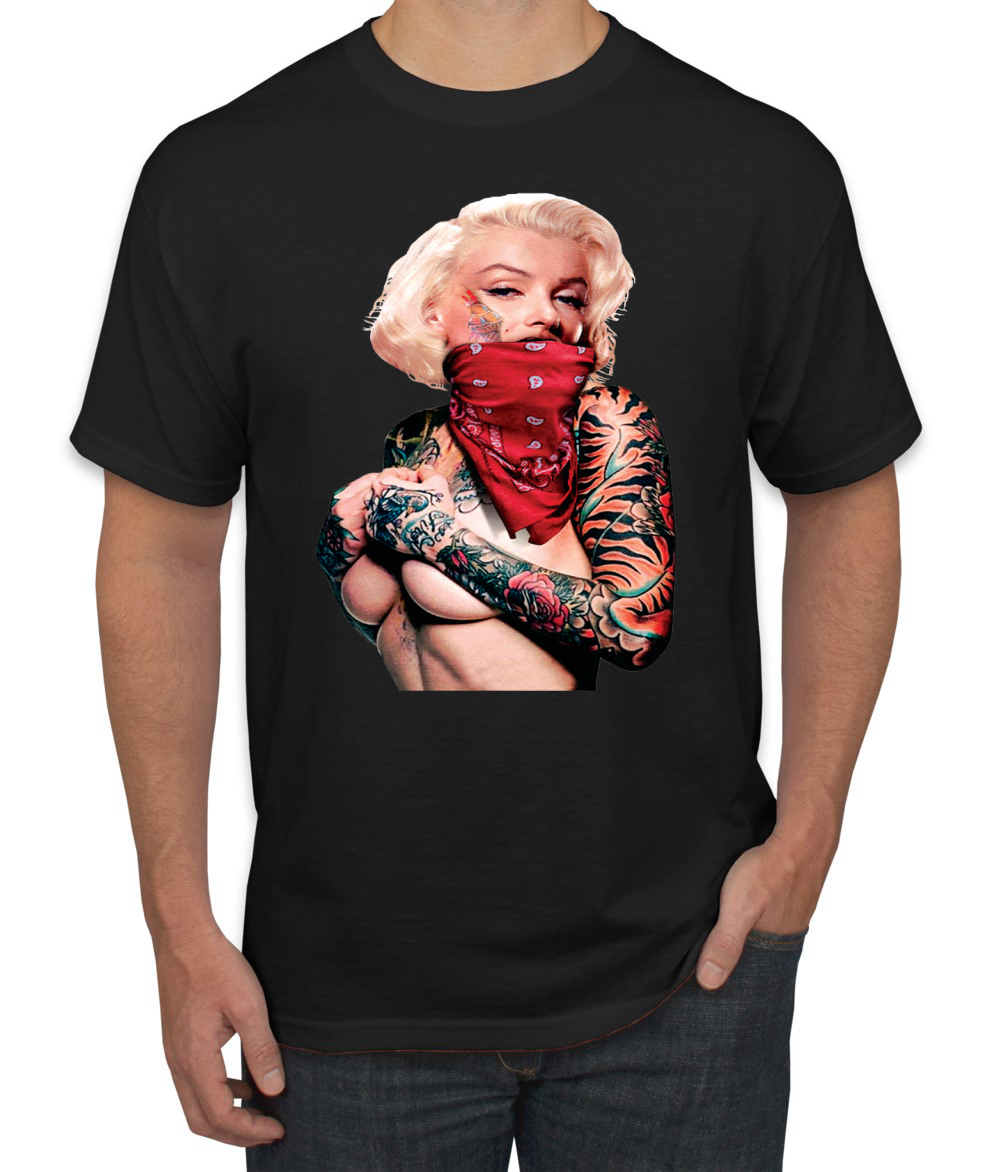MONROE Wearing Bandana & Skull Art Black T-Shirt Mens Tee Marilyn Tattoo Art New 