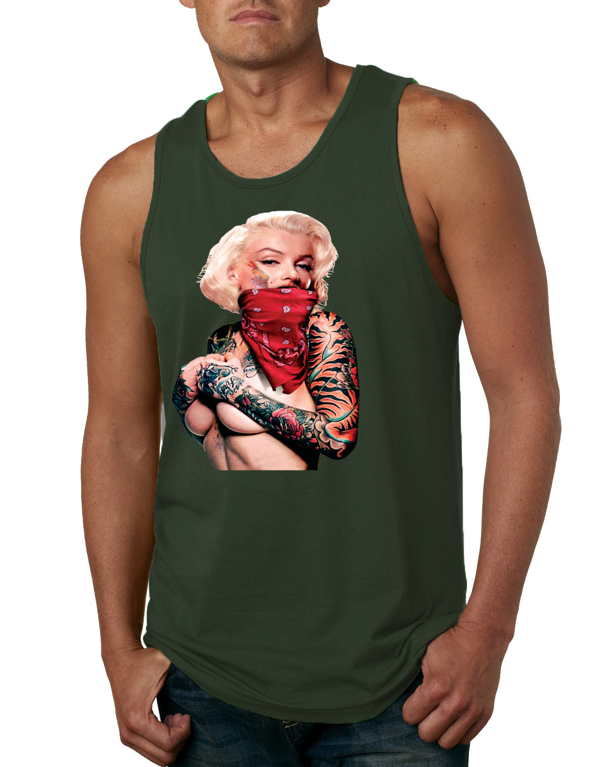 Camiseta sin mangas gráfica de Marilyn Monroe cara tatuada con pañuelo rojo para hombre - Imagen 8 de 9