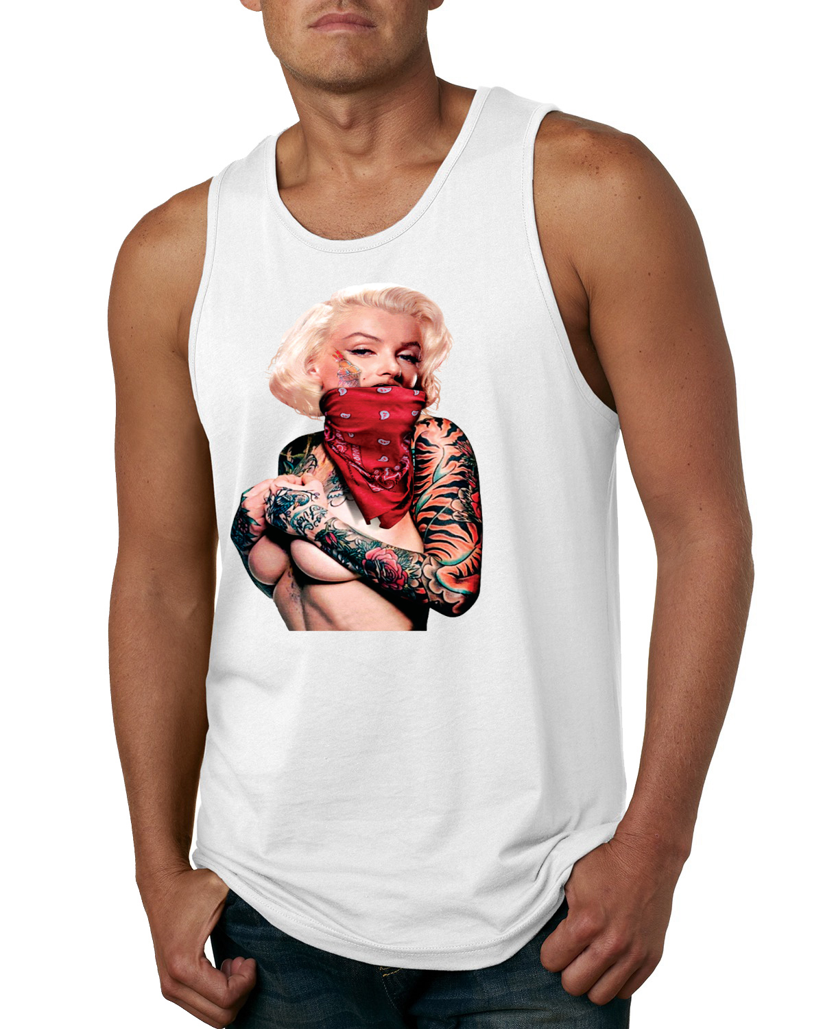 Camiseta sin mangas gráfica de Marilyn Monroe cara tatuada con pañuelo rojo para hombre - Imagen 9 de 9