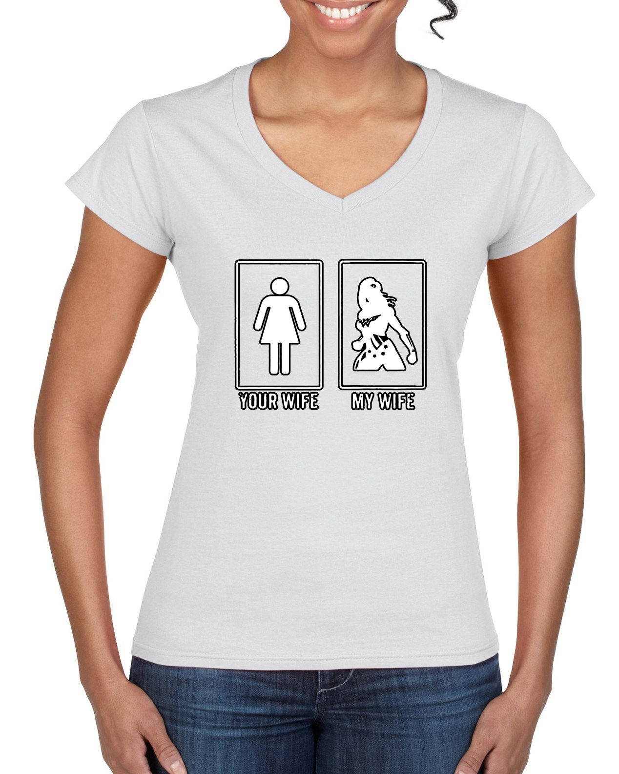 Your Wife vs My Wife Woman Wonder Humor Womens V-Neck Tee eBay image