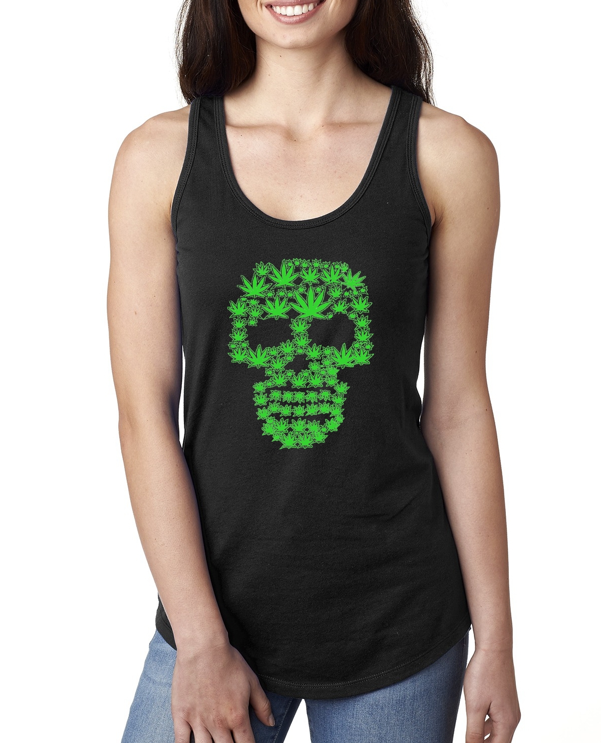 Pot Leaf Skull Marijuana 420 Ladies Racerback Tank Top - Picture 3 of 10
