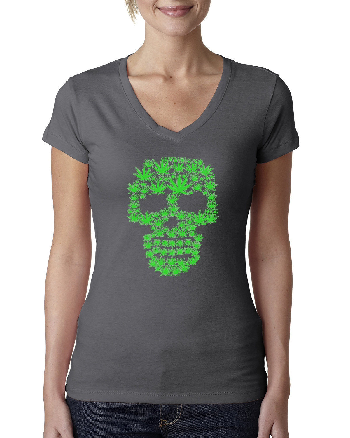 Pot Leaf Skull Marijuana 420 Women Junior V-Neck Tee - Foto 8 di 10