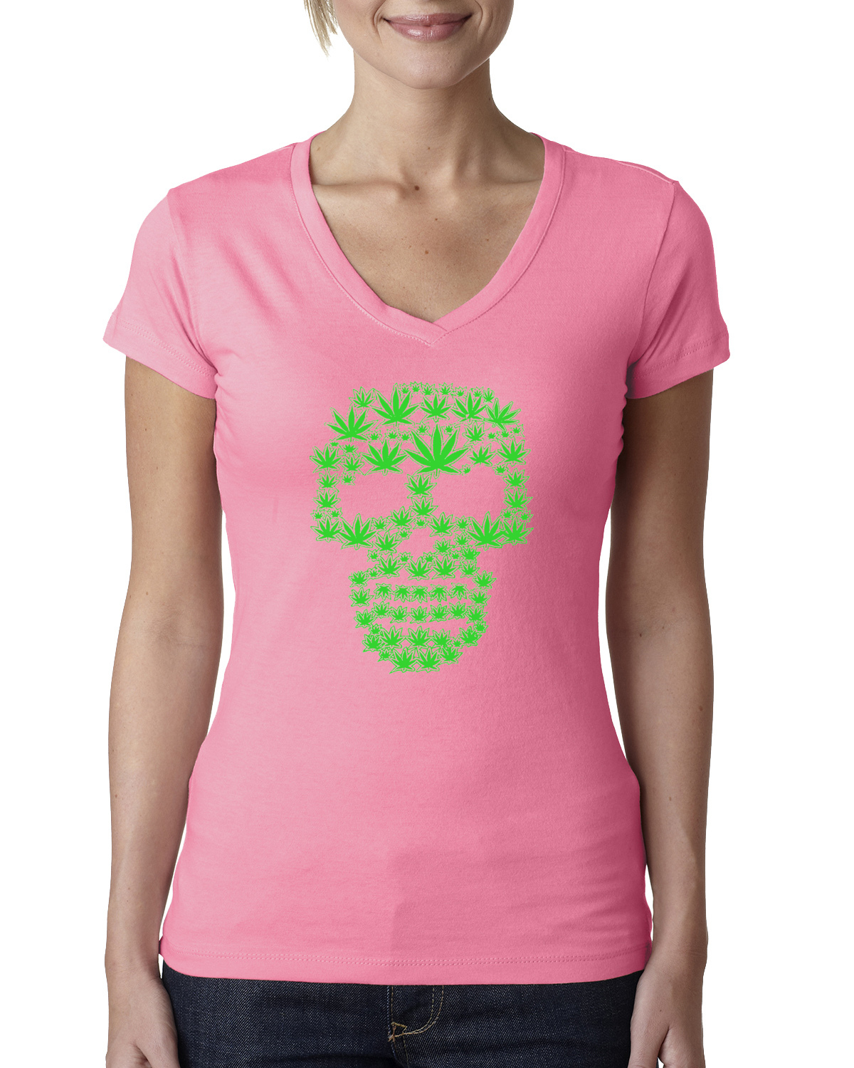 Pot Leaf Skull Marijuana 420 Women Junior V-Neck Tee - Foto 9 di 10