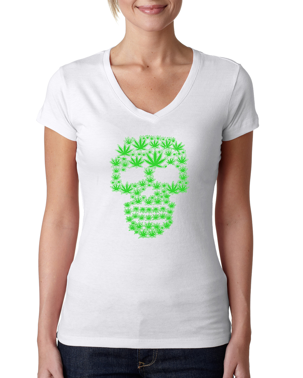 Pot Leaf Skull Marijuana 420 Women Junior V-Neck Tee - Foto 7 di 10