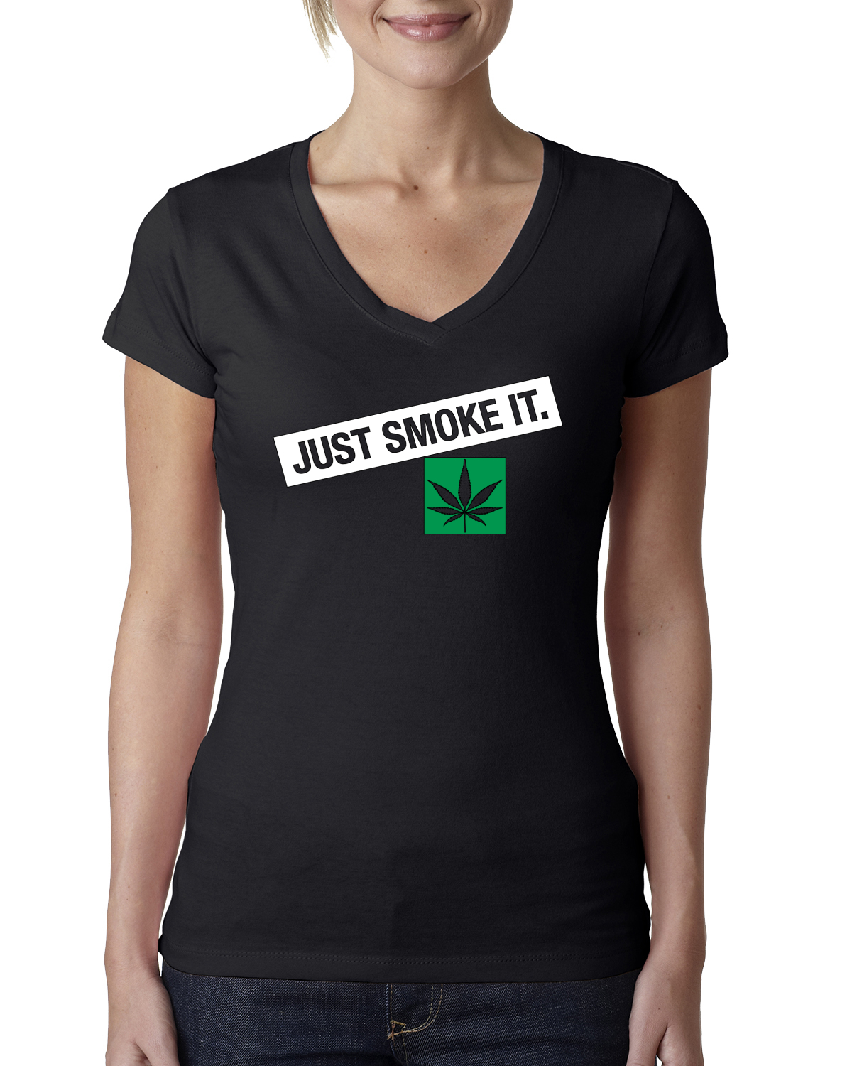 Camiseta estándar cuello en V para mujer Just Smoke It Stoner marihuana 420 - Imagen 3 de 7