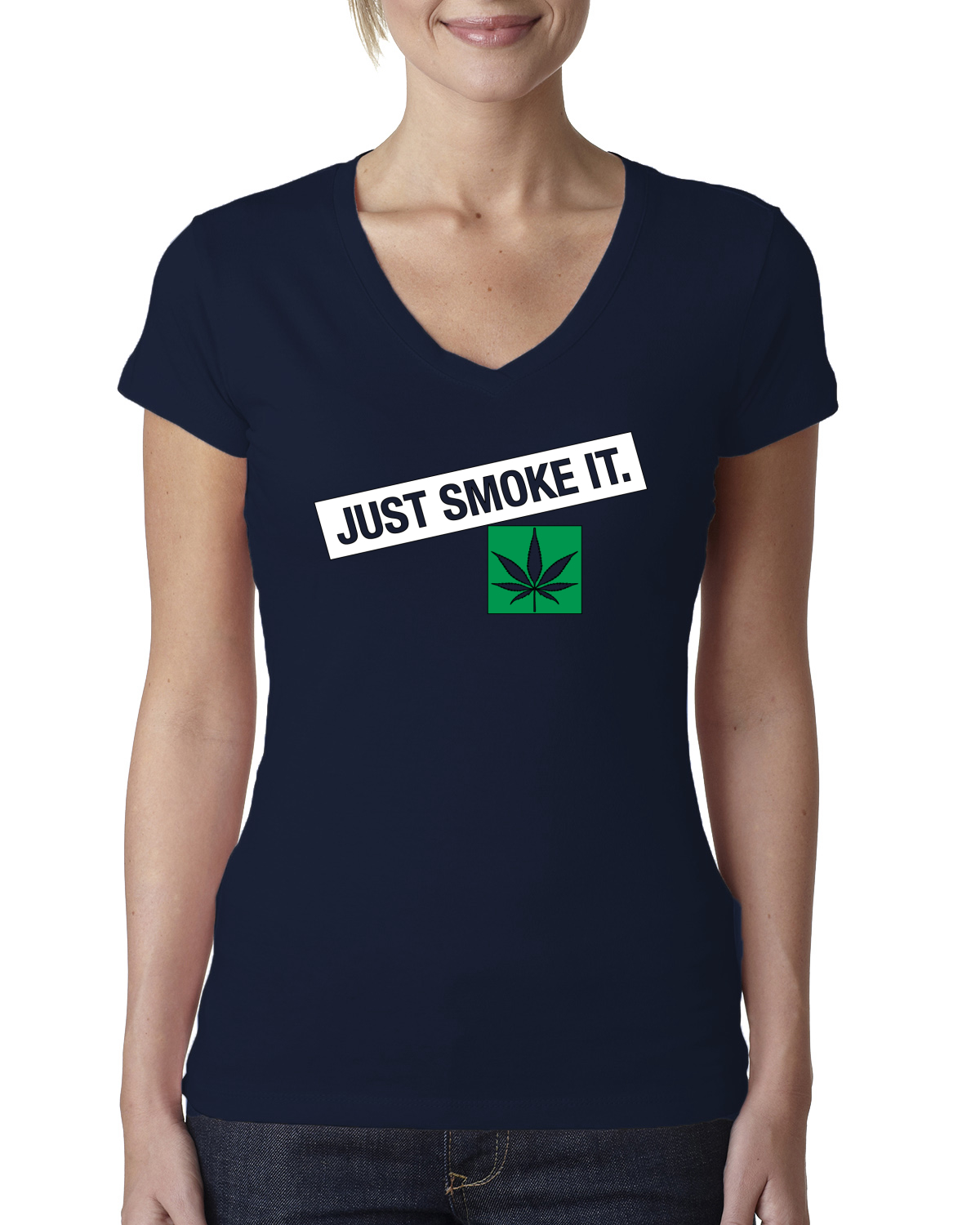 Camiseta estándar cuello en V para mujer Just Smoke It Stoner marihuana 420 - Imagen 5 de 7