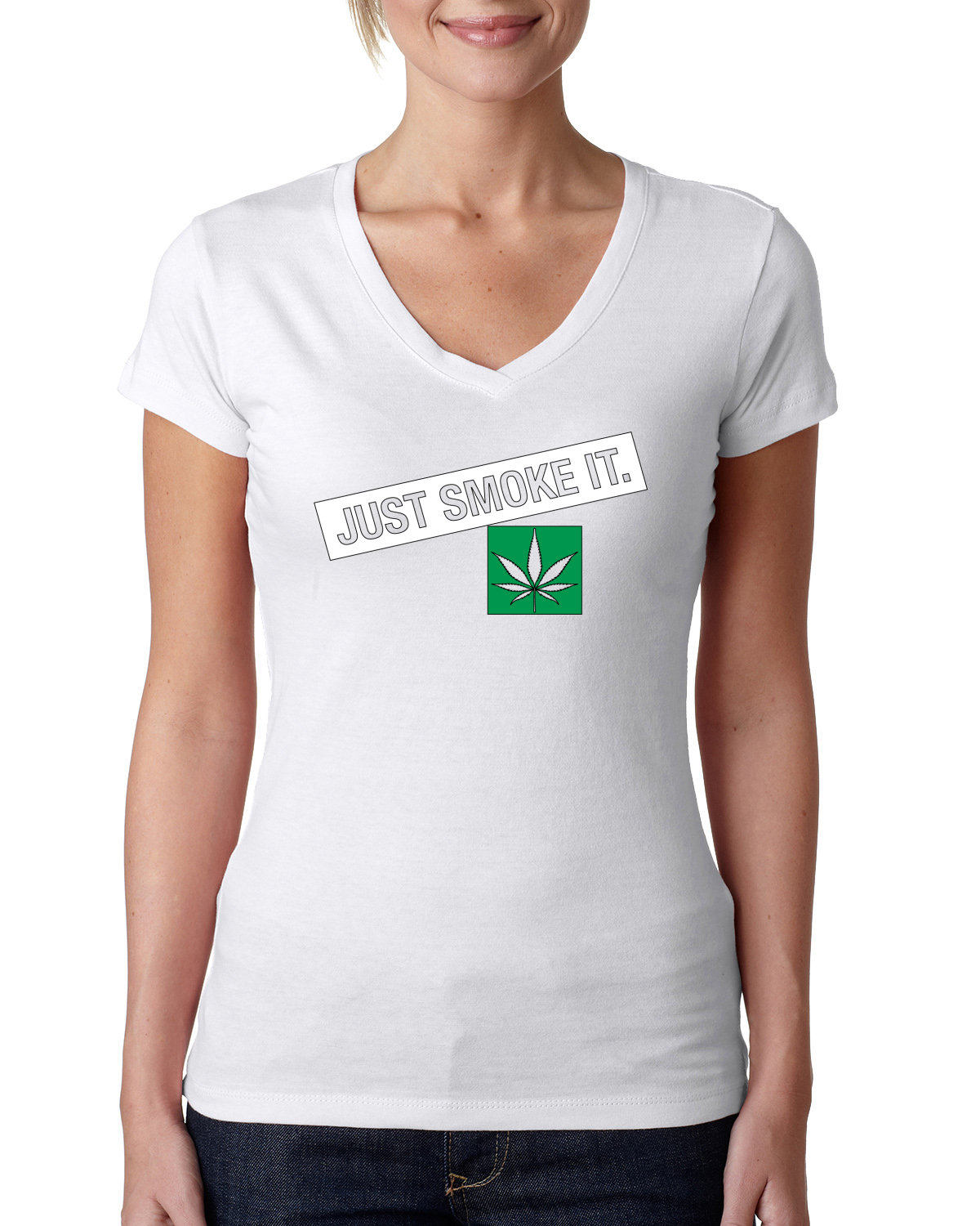 Camiseta estándar cuello en V para mujer Just Smoke It Stoner marihuana 420 - Imagen 7 de 7