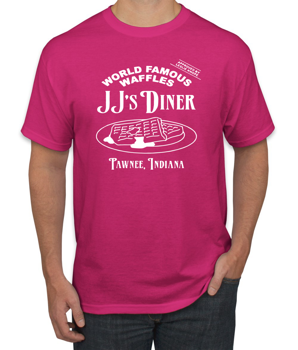 JJs Diner Indiana World Famous Waffles by Leslie Men Parks and Rec Tshirt