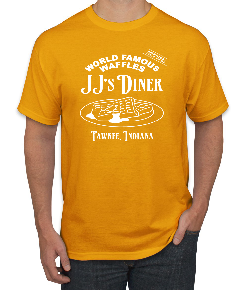 JJs Diner Indiana World Famous Waffles by Leslie Men Parks and Rec Tshirt