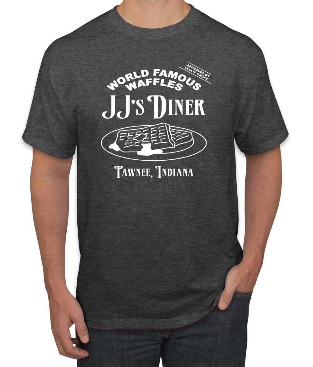 JJs Diner Indiana World Famous Waffles by Leslie Men Parks and Rec Tshirt